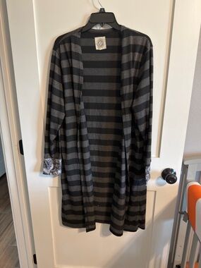 Open-Front Striped Black & Gray Kimono with Patterned Cuffs